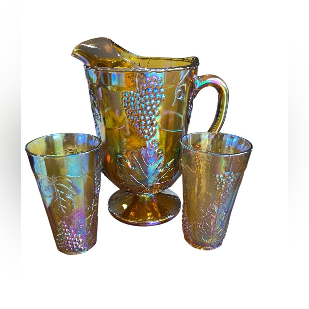 EUC~ Indiana Glass Marigold Carnival Glass Pitcher And 2 Tumblers.